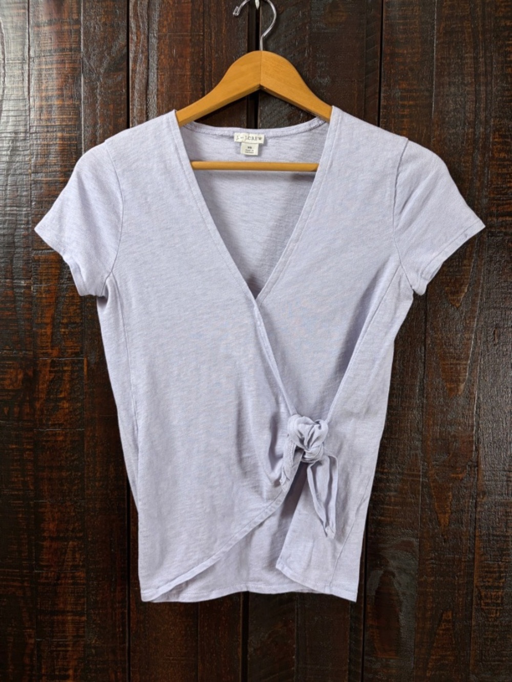 J. Crew Lavender Faux Wrap Tie Cotton Short Sleeve Top